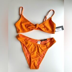 Nasty Gal Bright Orange Floral Knot 3 piece Bikini Set
